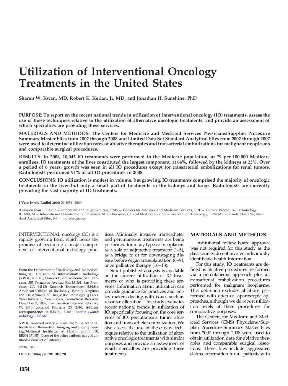 Utilization of Interventional Oncology Treatments in the United States