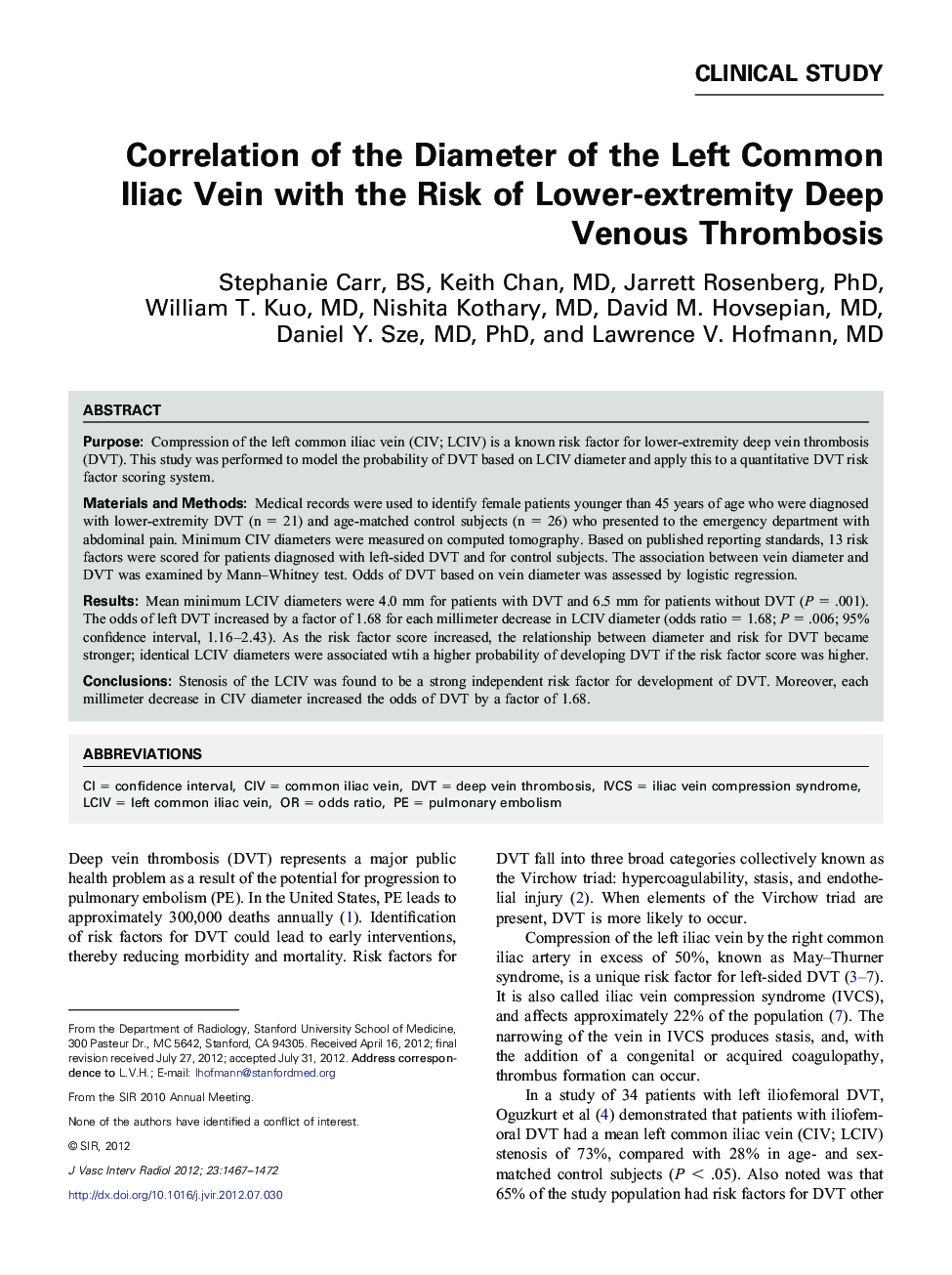 Correlation of the Diameter of the Left Common Iliac Vein with the Risk of Lower-extremity Deep Venous Thrombosis