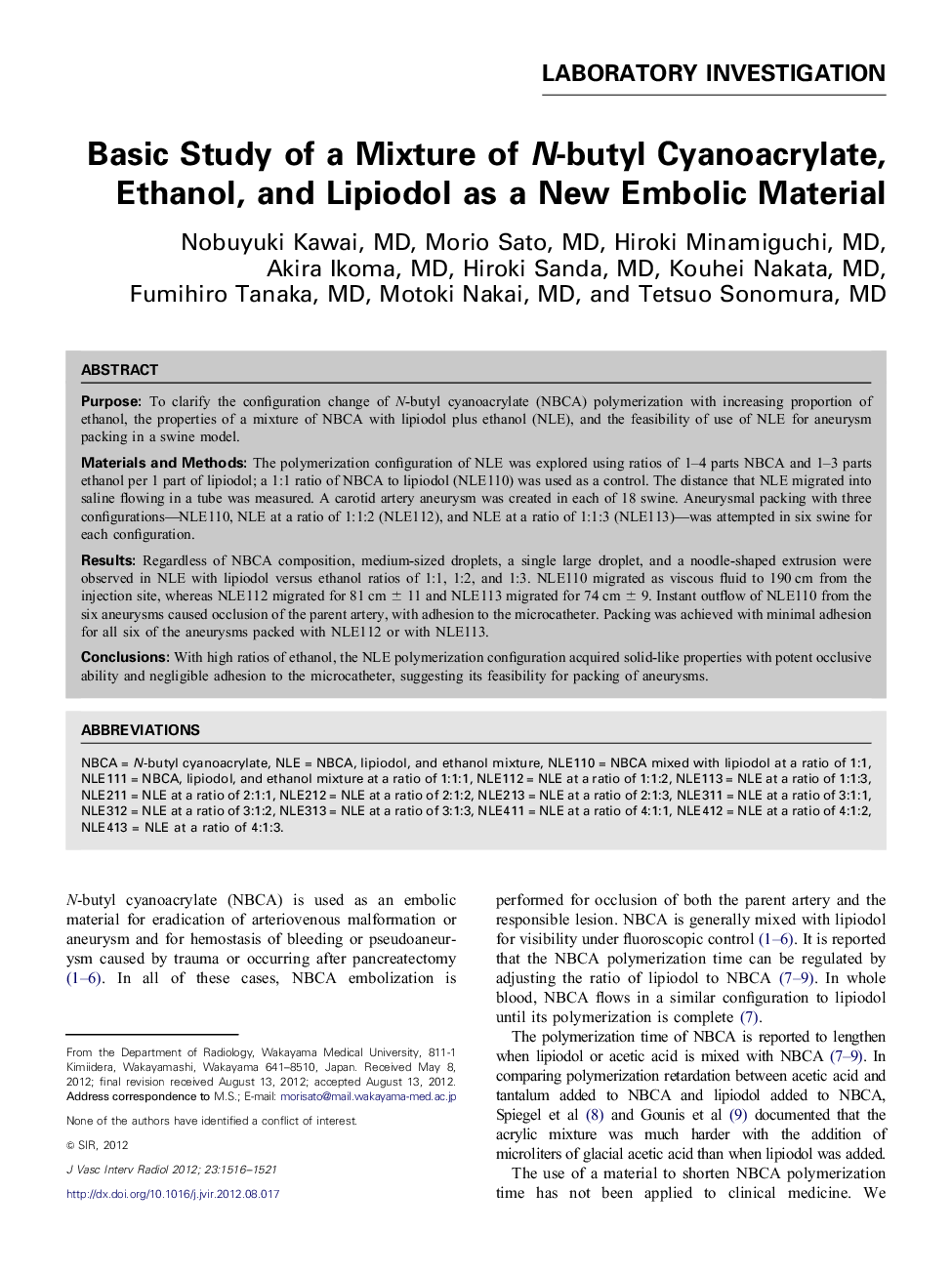 Basic Study of a Mixture of N-butyl Cyanoacrylate, Ethanol, and Lipiodol as a New Embolic Material
