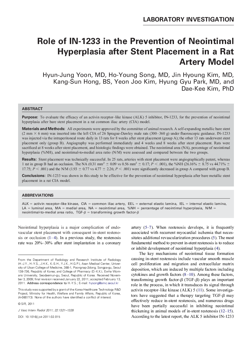 Role of IN-1233 in the Prevention of Neointimal Hyperplasia after Stent Placement in a Rat Artery Model