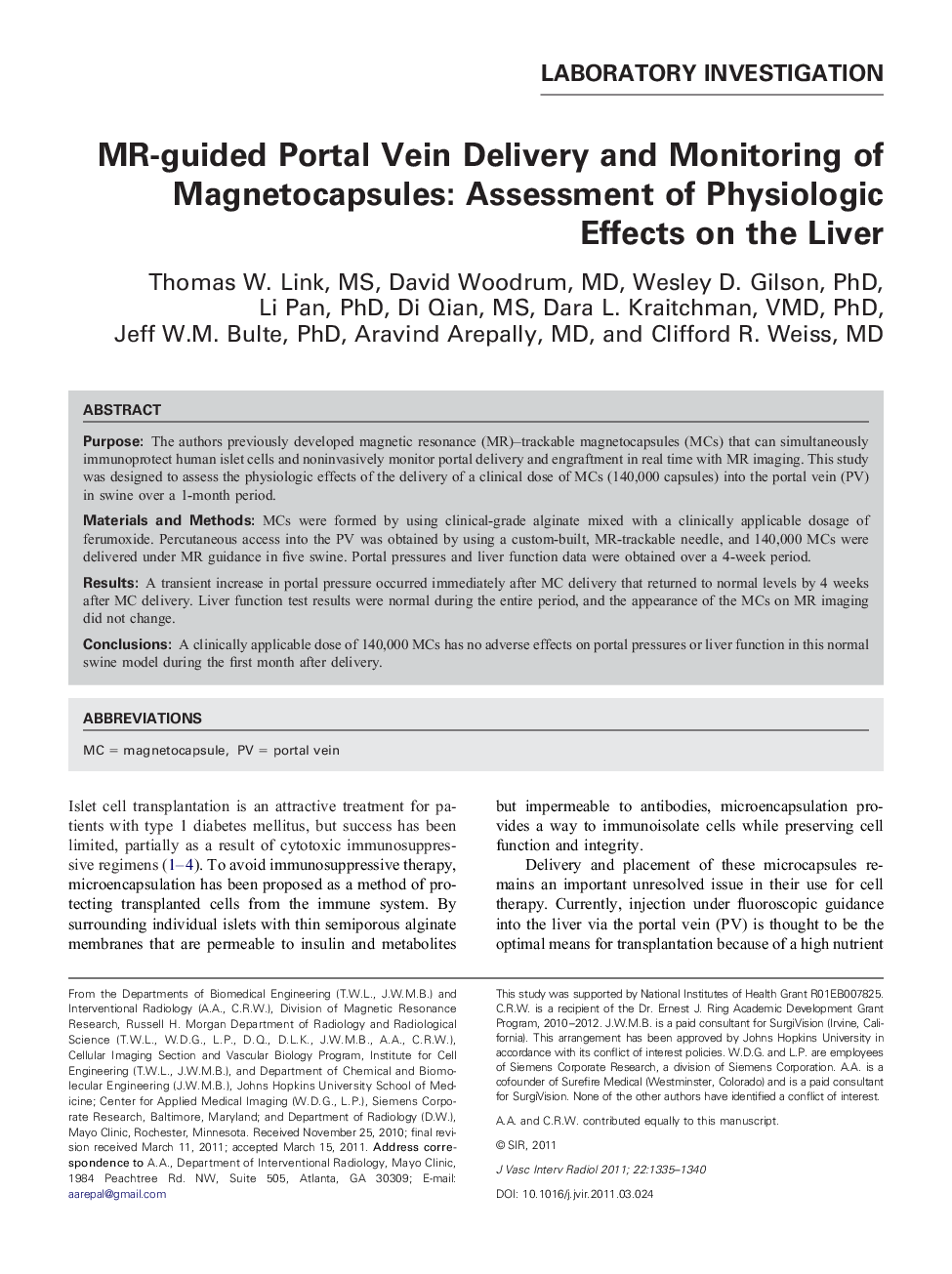 MR-guided Portal Vein Delivery and Monitoring of Magnetocapsules: Assessment of Physiologic Effects on the Liver