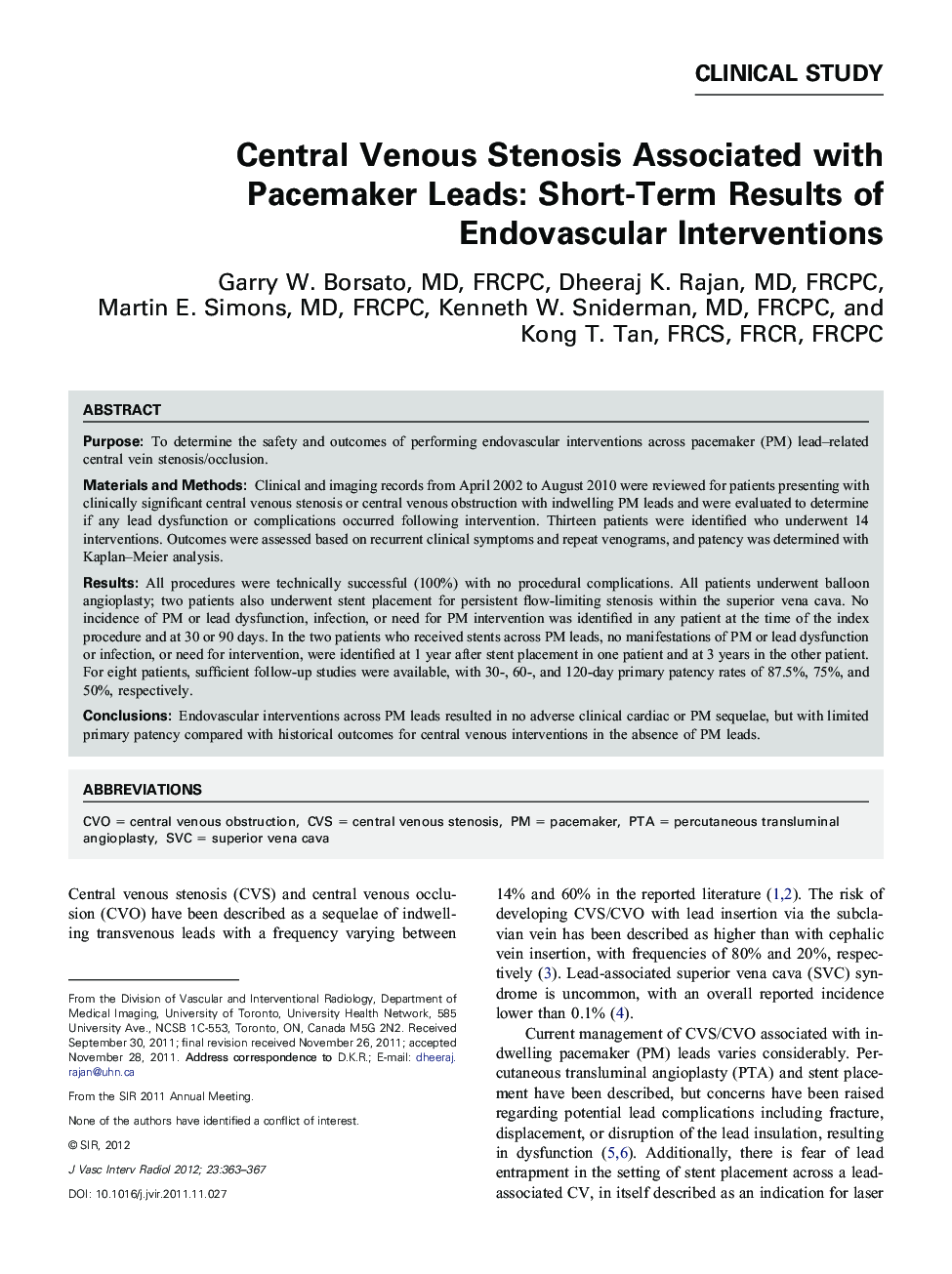 Central Venous Stenosis Associated with Pacemaker Leads: Short-Term Results of Endovascular Interventions