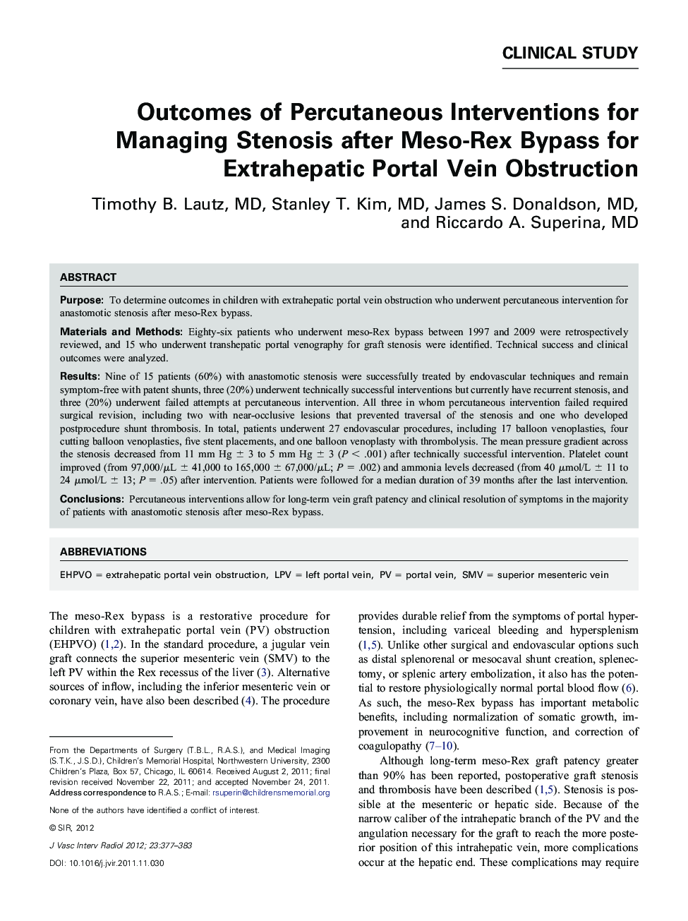 Outcomes of Percutaneous Interventions for Managing Stenosis after Meso-Rex Bypass for Extrahepatic Portal Vein Obstruction