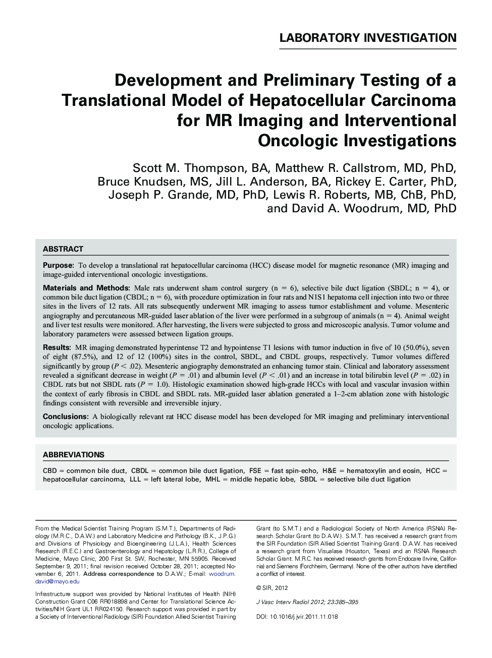 Development and Preliminary Testing of a Translational Model of Hepatocellular Carcinoma for MR Imaging and Interventional Oncologic Investigations