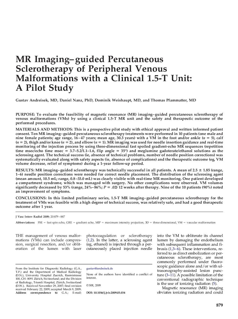 MR Imaging-guided Percutaneous Sclerotherapy of Peripheral Venous Malformations with a Clinical 1.5-T Unit: A Pilot Study