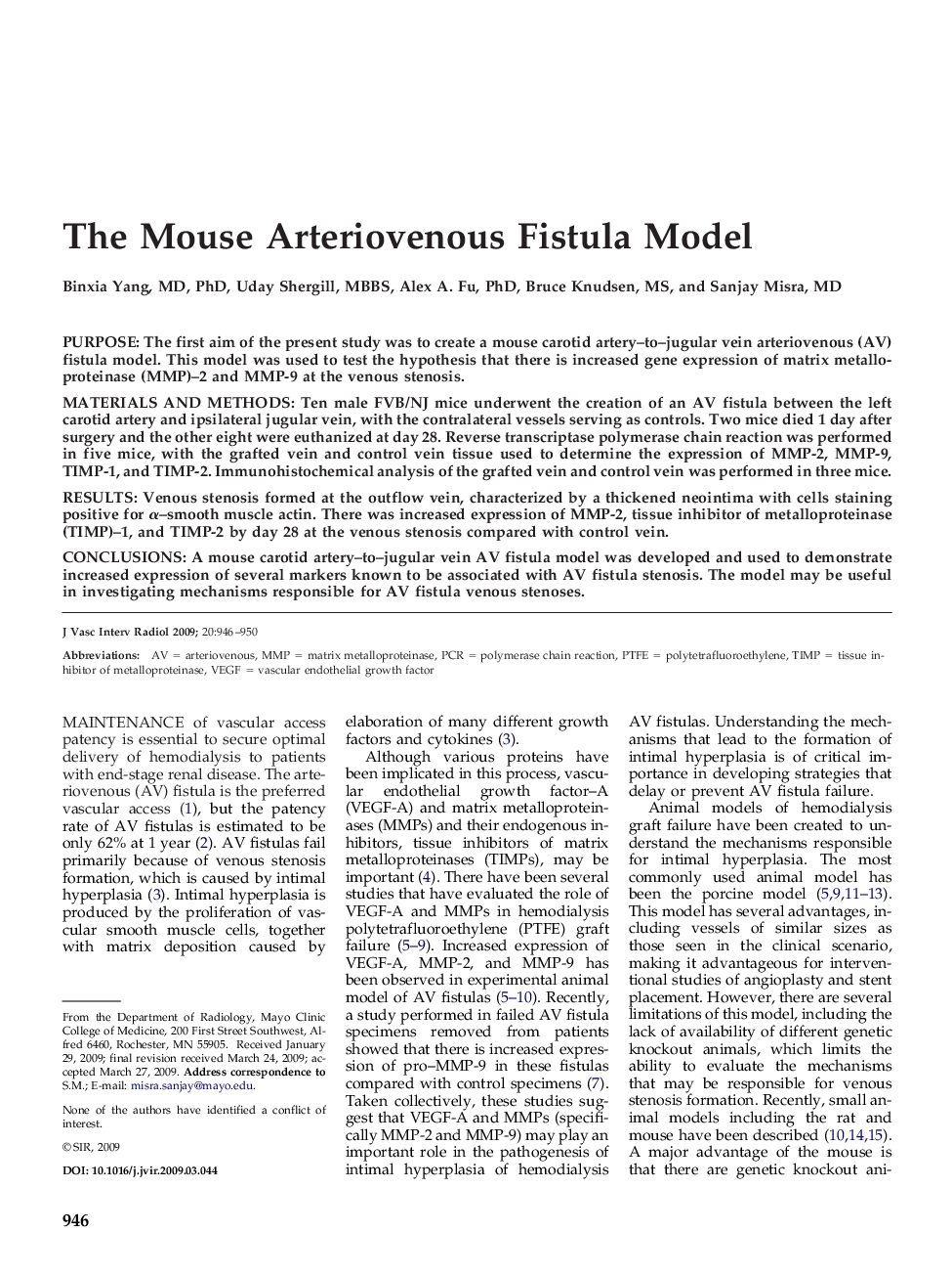 The Mouse Arteriovenous Fistula Model