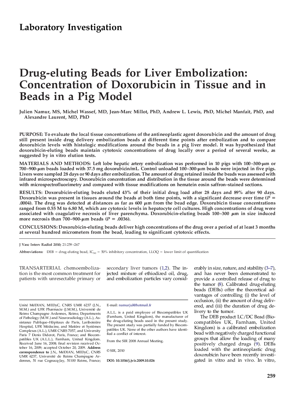 Drug-eluting Beads for Liver Embolization: Concentration of Doxorubicin in Tissue and in Beads in a Pig Model