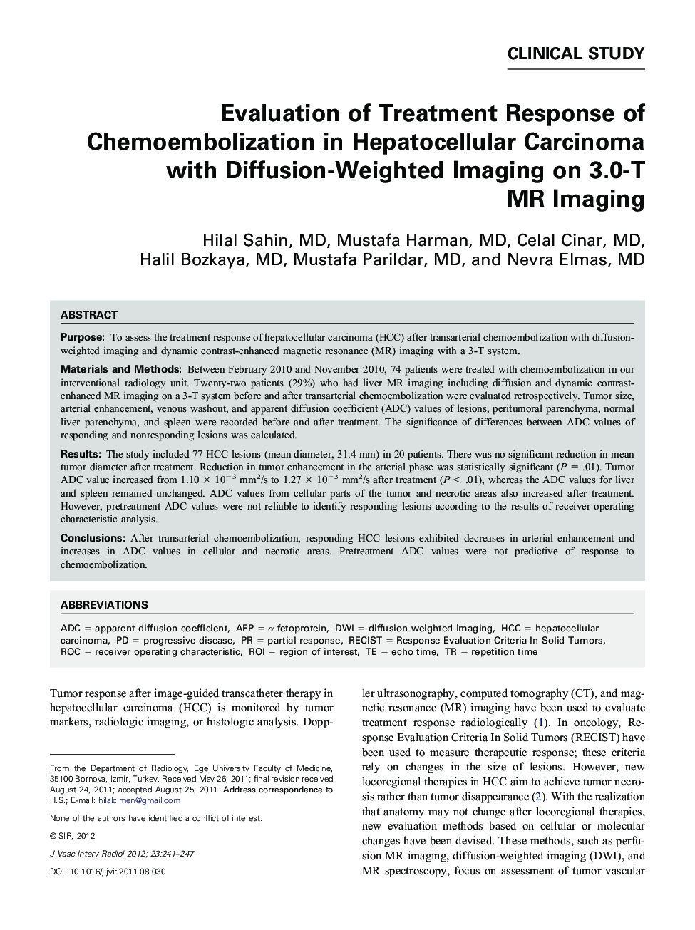 Evaluation of Treatment Response of Chemoembolization in Hepatocellular Carcinoma with Diffusion-Weighted Imaging on 3.0-T MR Imaging