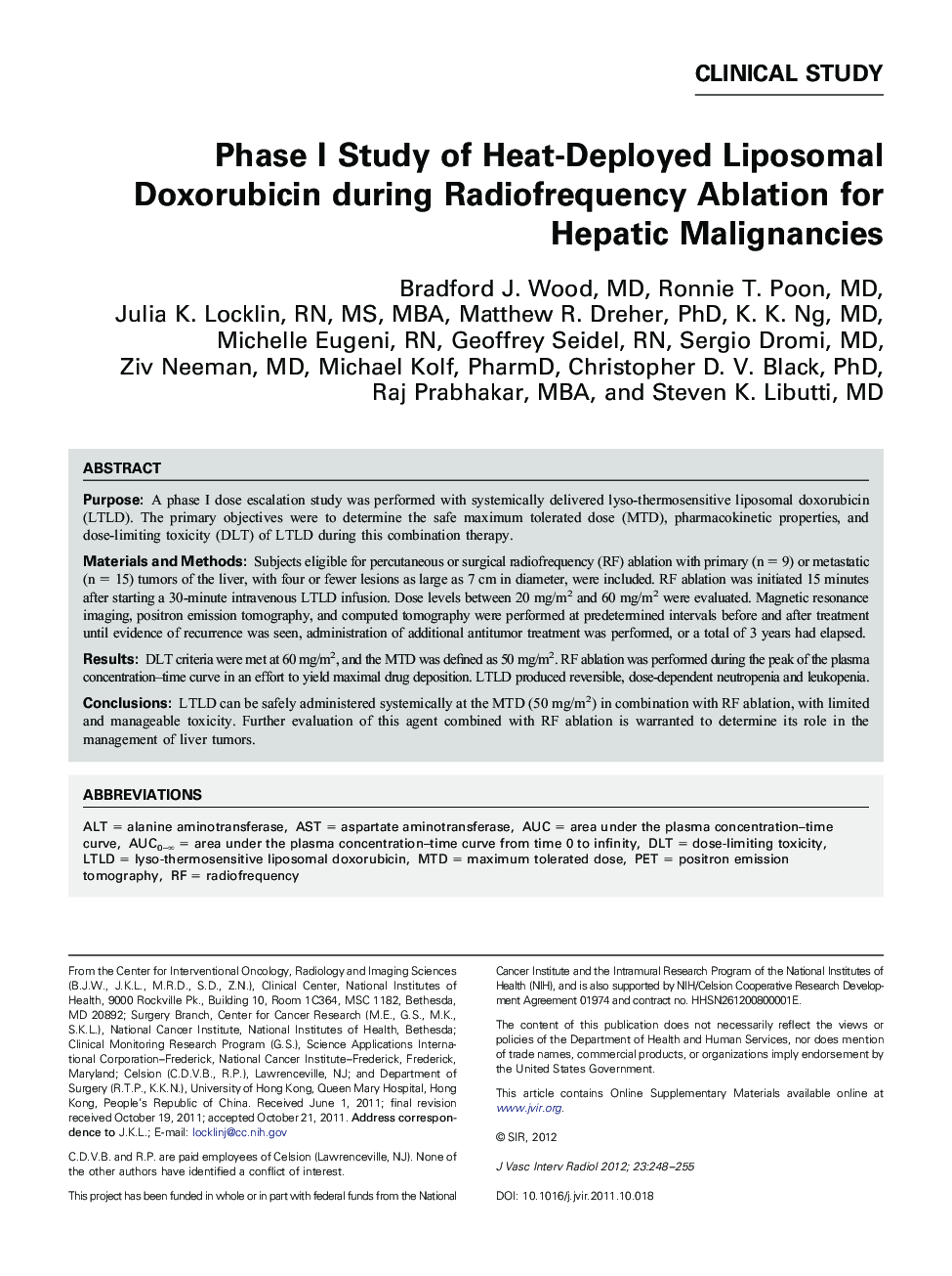 Phase I Study of Heat-Deployed Liposomal Doxorubicin during Radiofrequency Ablation for Hepatic Malignancies