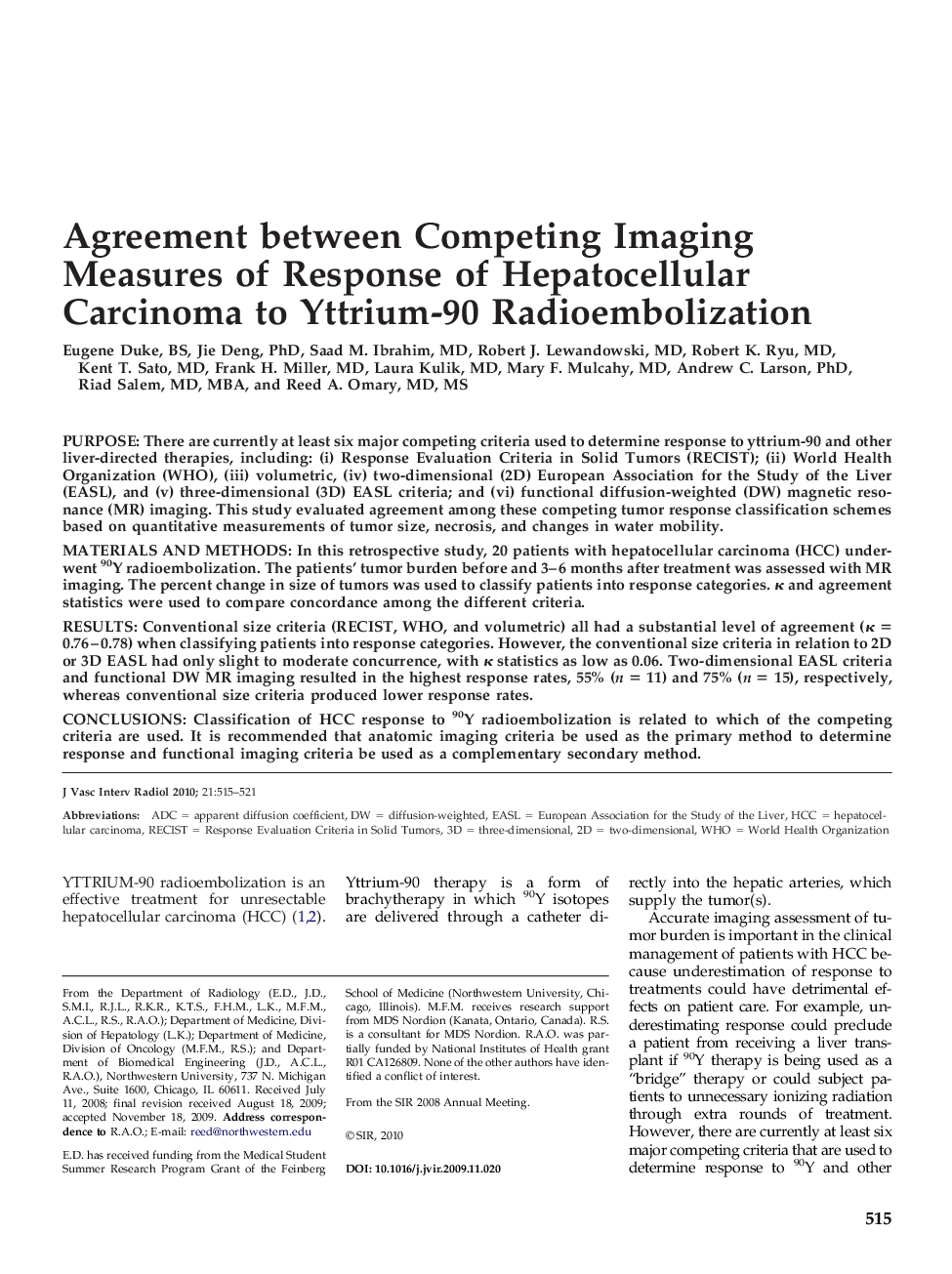 Agreement between Competing Imaging Measures of Response of Hepatocellular Carcinoma to Yttrium-90 Radioembolization