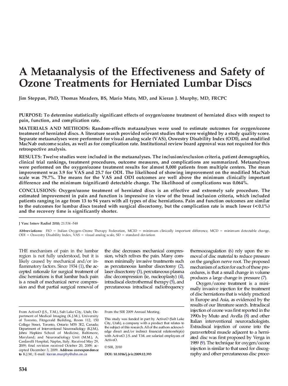 A Metaanalysis of the Effectiveness and Safety of Ozone Treatments for Herniated Lumbar Discs