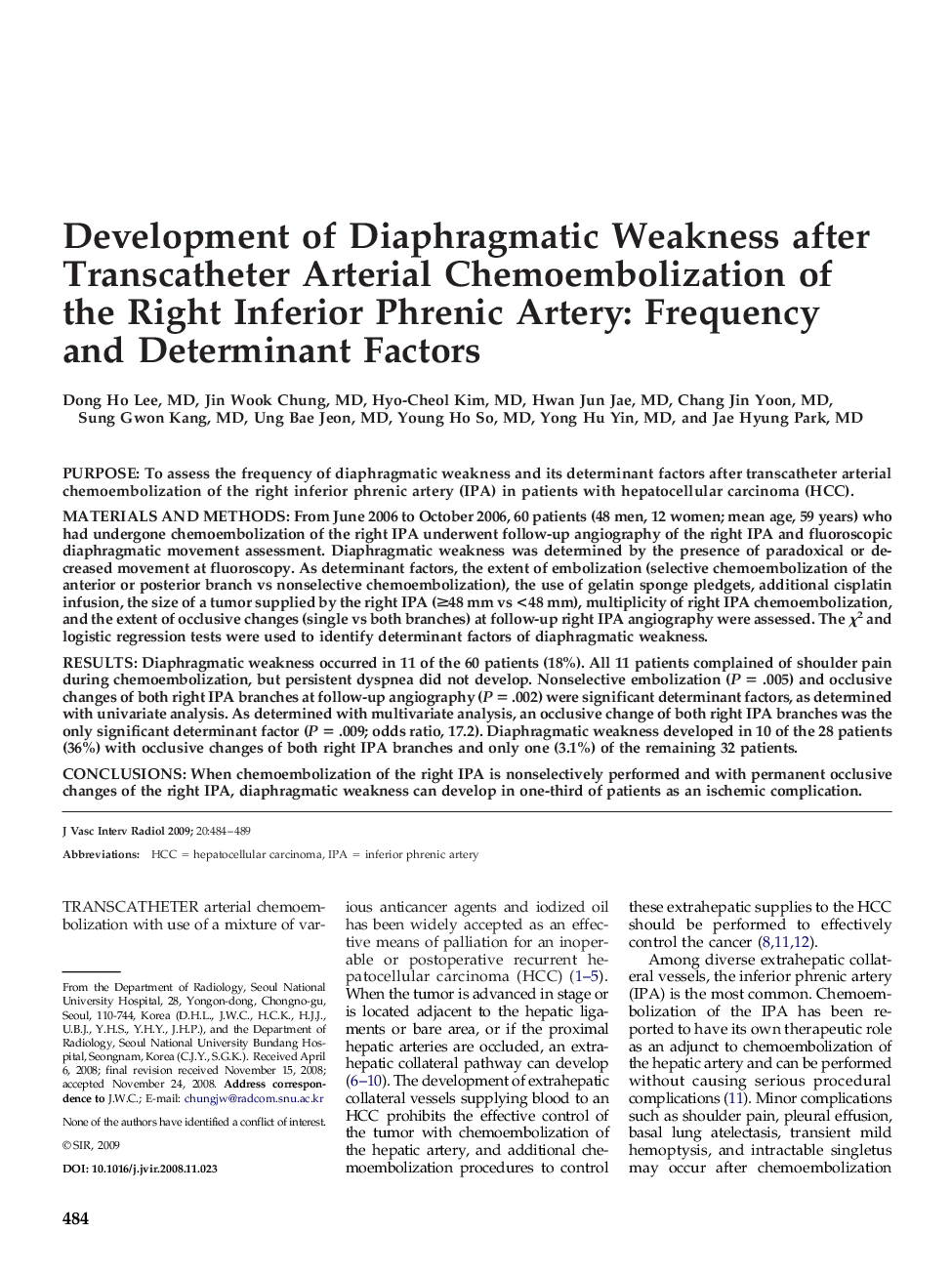 Development of Diaphragmatic Weakness after Transcatheter Arterial Chemoembolization of the Right Inferior Phrenic Artery: Frequency and Determinant Factors