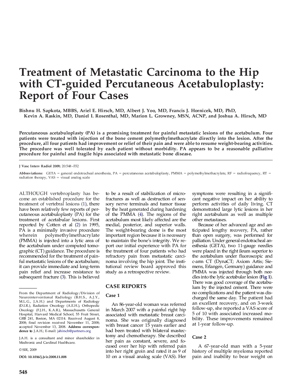 Treatment of Metastatic Carcinoma to the Hip with CT-guided Percutaneous Acetabuloplasty: Report of Four Cases