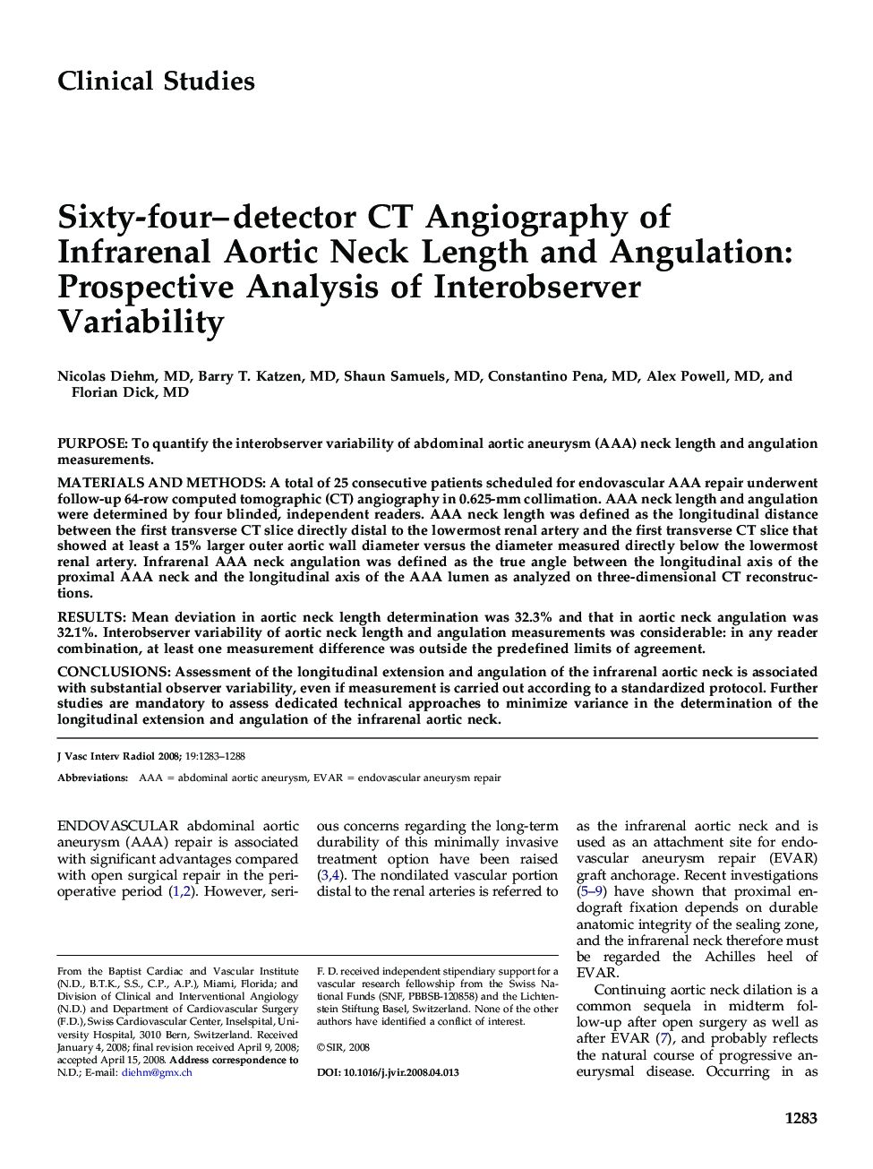 Sixty-four-detector CT Angiography of Infrarenal Aortic Neck Length and Angulation: Prospective Analysis of Interobserver Variability