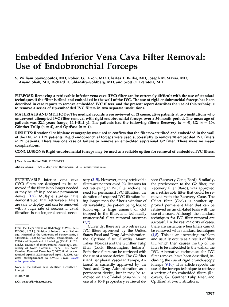 Embedded Inferior Vena Cava Filter Removal: Use of Endobronchial Forceps