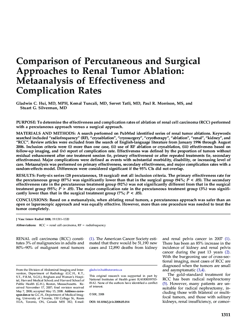 Comparison of Percutaneous and Surgical Approaches to Renal Tumor Ablation: Metaanalysis of Effectiveness and Complication Rates