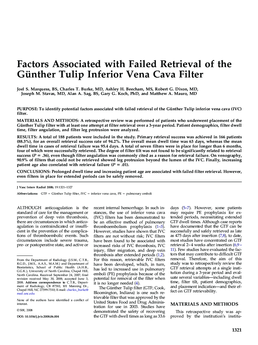 Factors Associated with Failed Retrieval of the Günther Tulip Inferior Vena Cava Filter