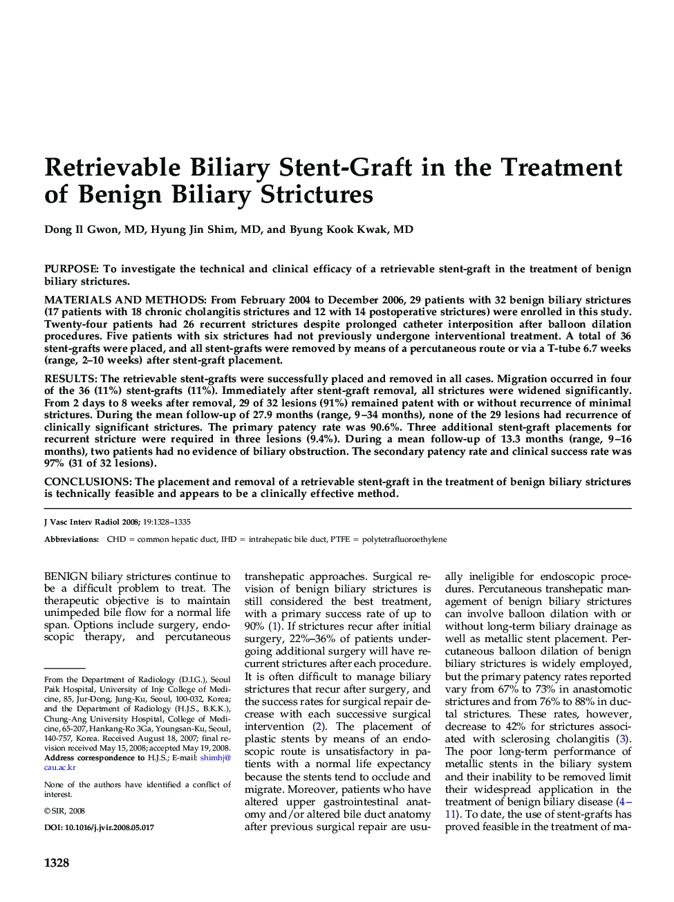 Retrievable Biliary Stent-Graft in the Treatment of Benign Biliary Strictures