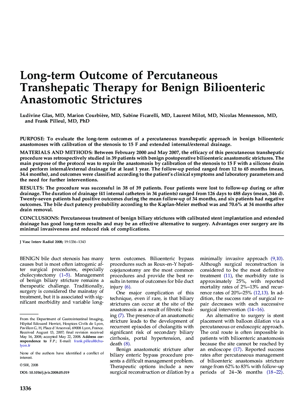 Long-term Outcome of Percutaneous Transhepatic Therapy for Benign Bilioenteric Anastomotic Strictures