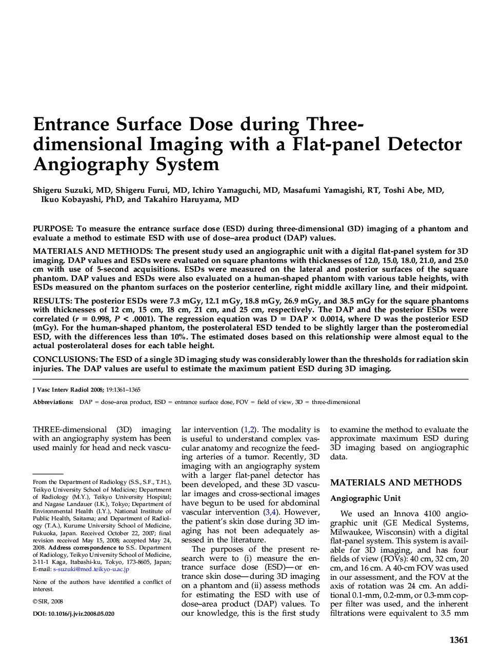 Entrance Surface Dose during Three-dimensional Imaging with a Flat-panel Detector Angiography System