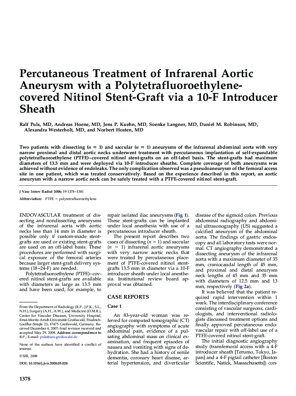 Percutaneous Treatment of Infrarenal Aortic Aneurysm with a Polytetrafluoroethylene-covered Nitinol Stent-Graft via a 10-F Introducer Sheath