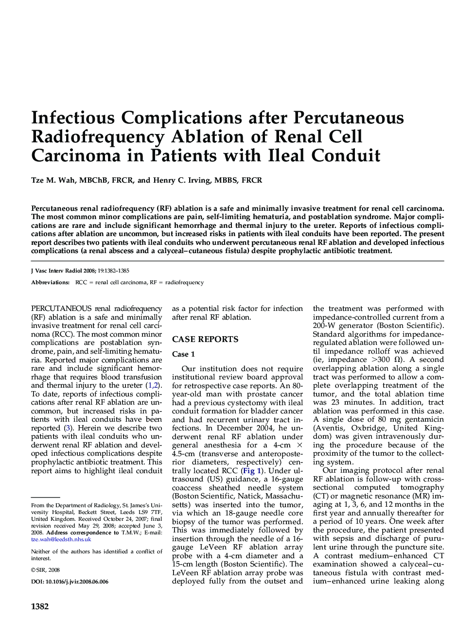 Infectious Complications after Percutaneous Radiofrequency Ablation of Renal Cell Carcinoma in Patients with Ileal Conduit