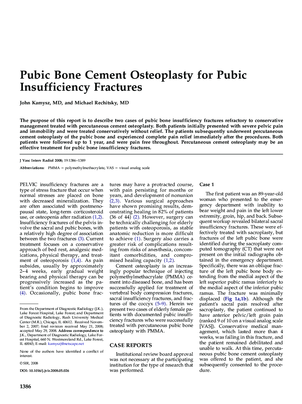 Pubic Bone Cement Osteoplasty for Pubic Insufficiency Fractures