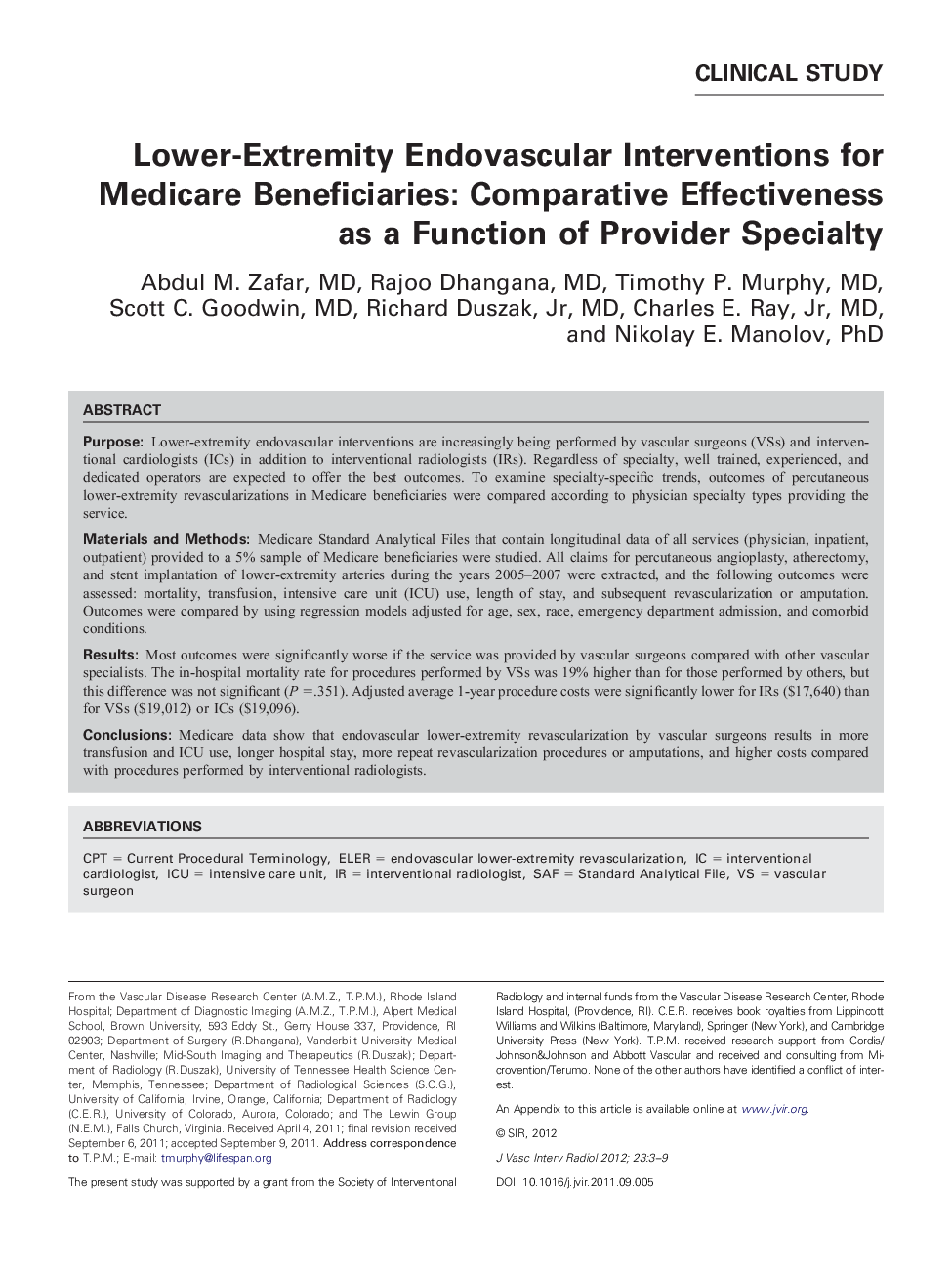 Lower-Extremity Endovascular Interventions for Medicare Beneficiaries: Comparative Effectiveness as a Function of Provider Specialty