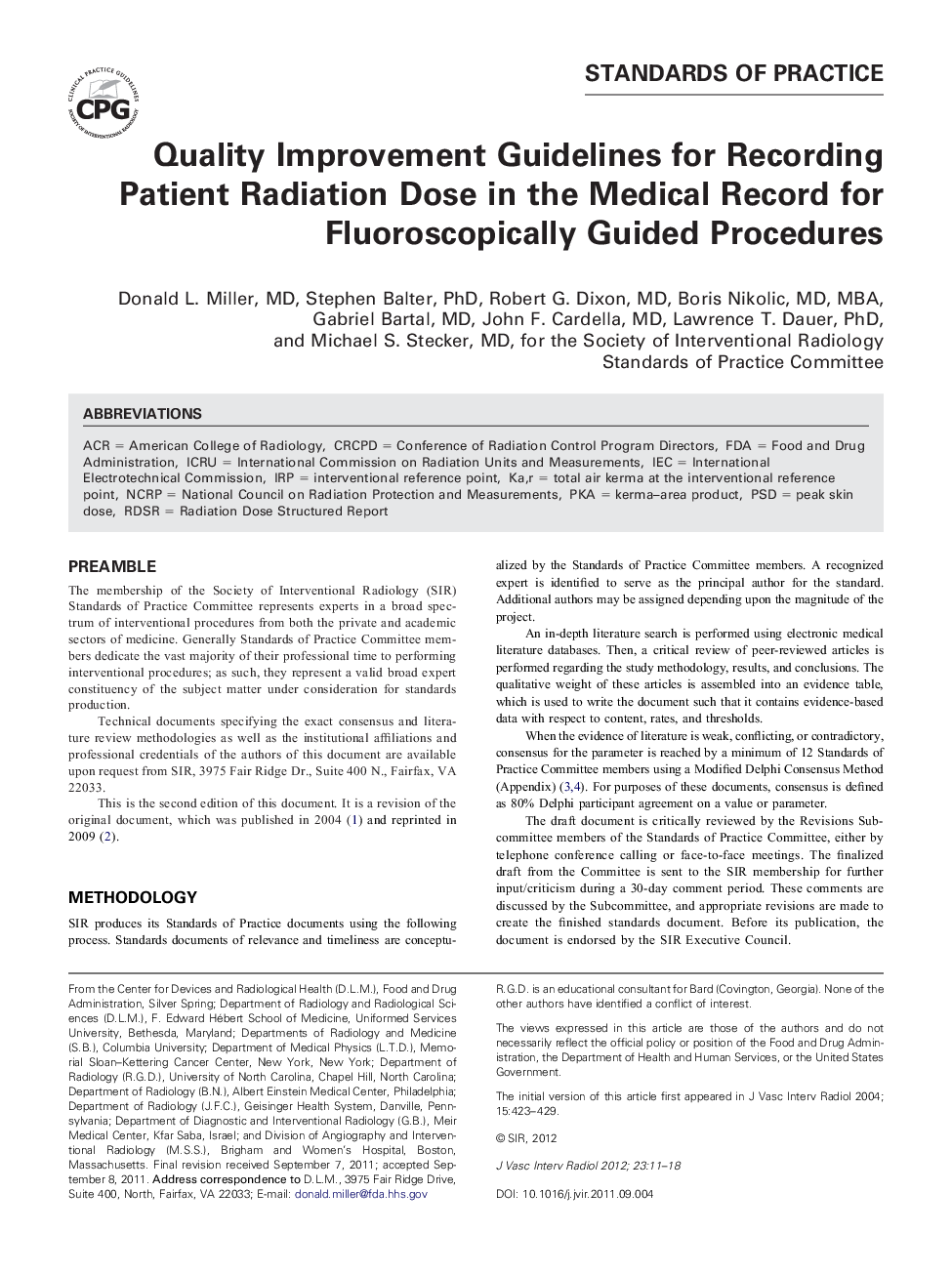 Quality Improvement Guidelines for Recording Patient Radiation Dose in the Medical Record for Fluoroscopically Guided Procedures