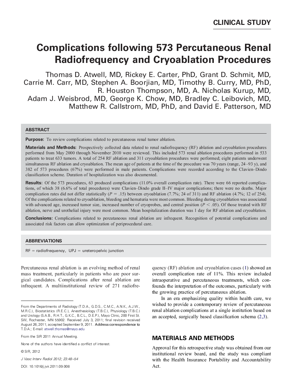 Complications following 573 Percutaneous Renal Radiofrequency and Cryoablation Procedures