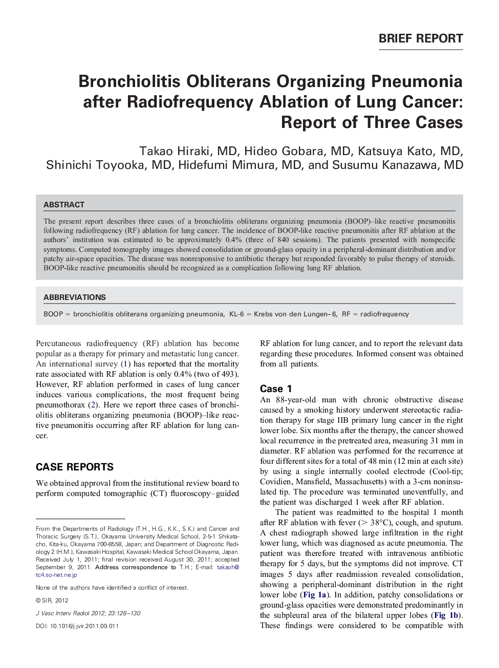 Bronchiolitis Obliterans Organizing Pneumonia after Radiofrequency Ablation of Lung Cancer: Report of Three Cases