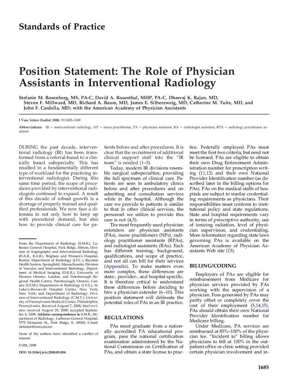 Position Statement: The Role of Physician Assistants in Interventional Radiology