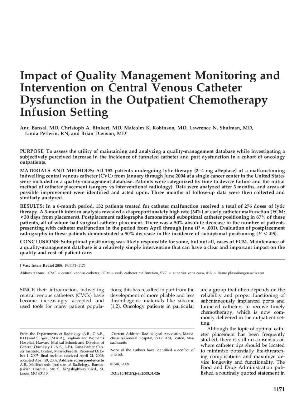 Impact of Quality Management Monitoring and Intervention on Central Venous Catheter Dysfunction in the Outpatient Chemotherapy Infusion Setting