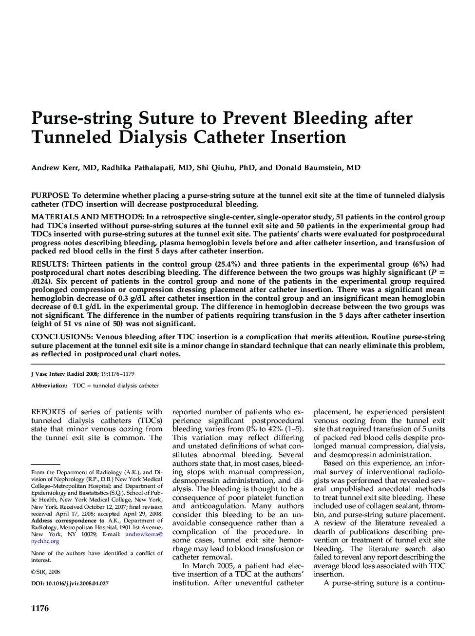 Purse-string Suture to Prevent Bleeding after Tunneled Dialysis Catheter Insertion