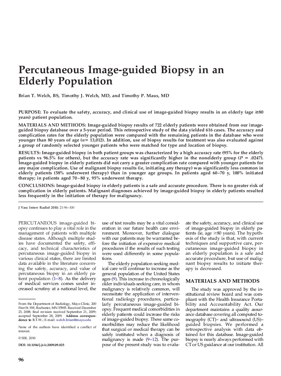 Percutaneous Image-guided Biopsy in an Elderly Population