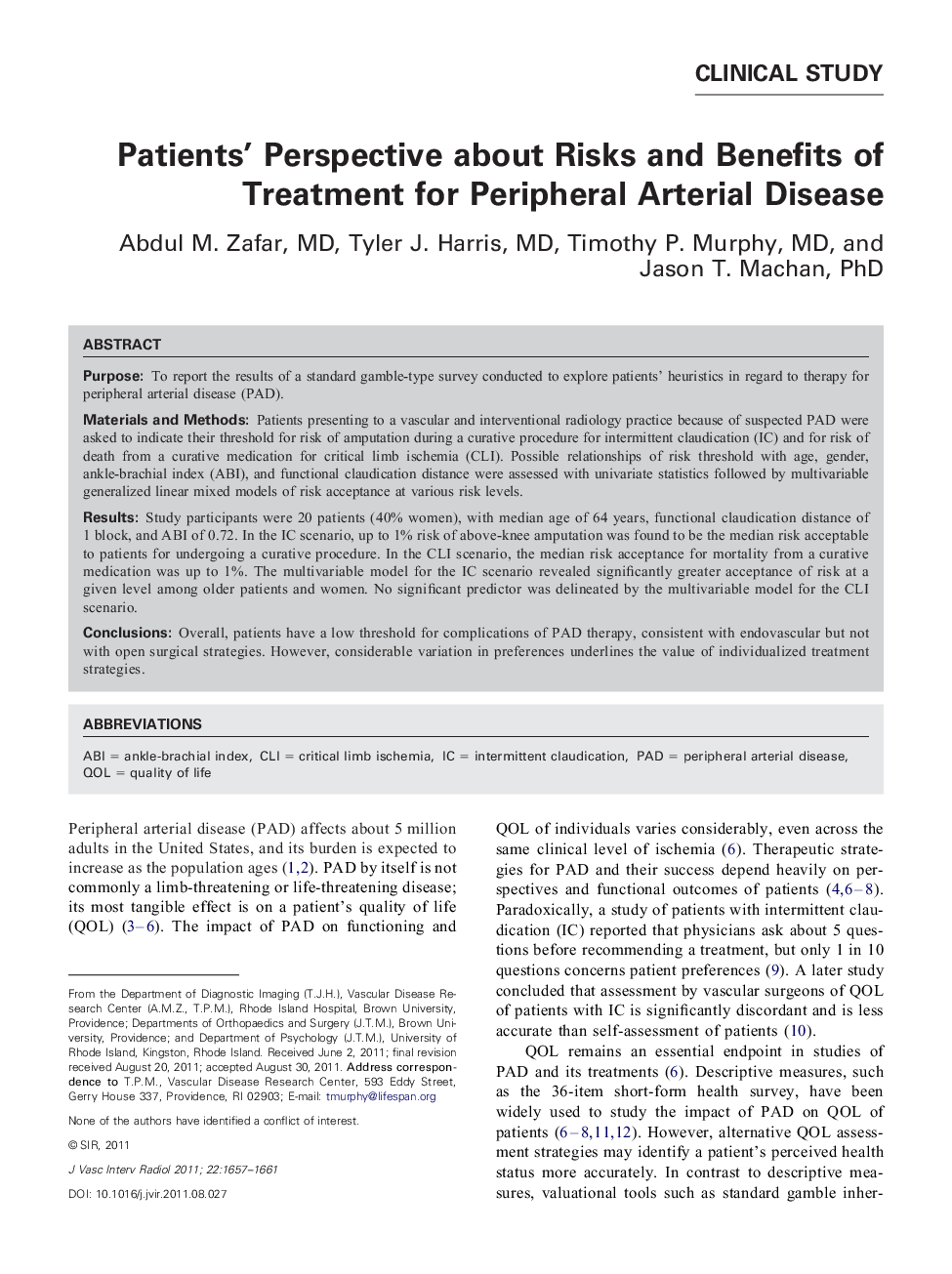 Patients' Perspective about Risks and Benefits of Treatment for Peripheral Arterial Disease