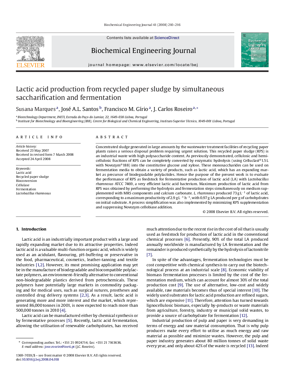 Lactic acid production from recycled paper sludge by simultaneous saccharification and fermentation