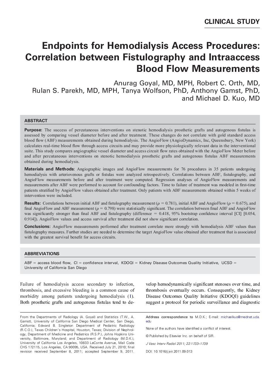 Endpoints for Hemodialysis Access Procedures: Correlation between Fistulography and Intraaccess Blood Flow Measurements