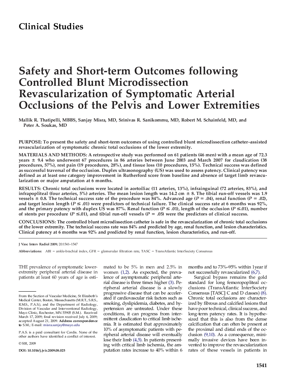 Safety and Short-term Outcomes following Controlled Blunt Microdissection Revascularization of Symptomatic Arterial Occlusions of the Pelvis and Lower Extremities