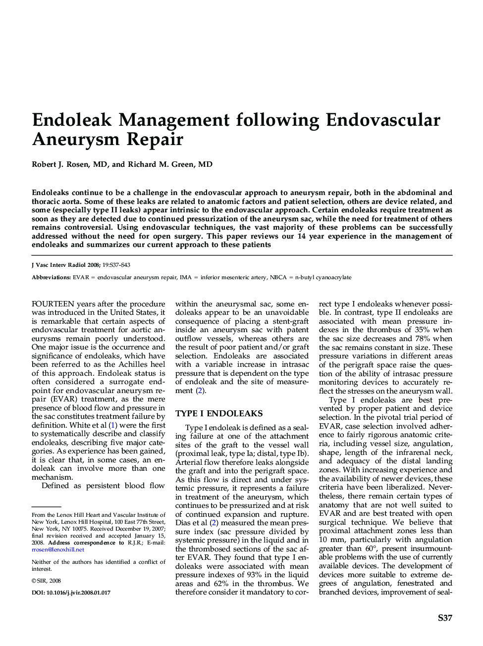 Endoleak Management following Endovascular Aneurysm Repair