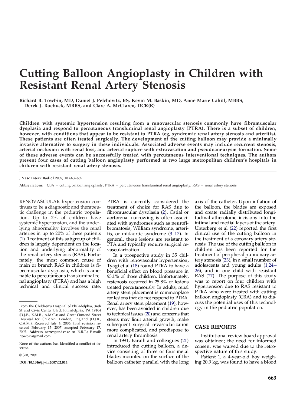 Cutting Balloon Angioplasty in Children with Resistant Renal Artery Stenosis