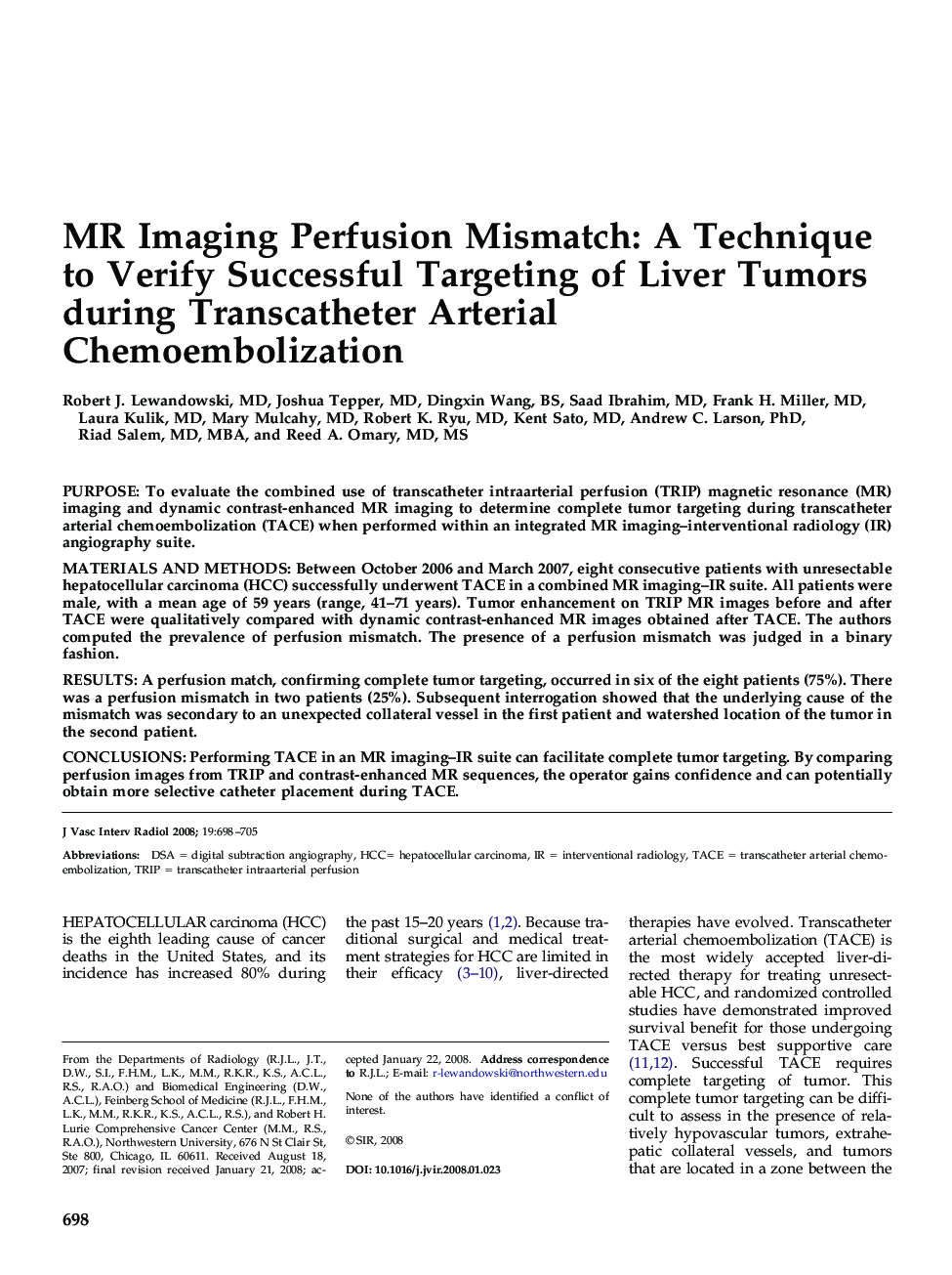 MR Imaging Perfusion Mismatch: A Technique to Verify Successful Targeting of Liver Tumors during Transcatheter Arterial Chemoembolization