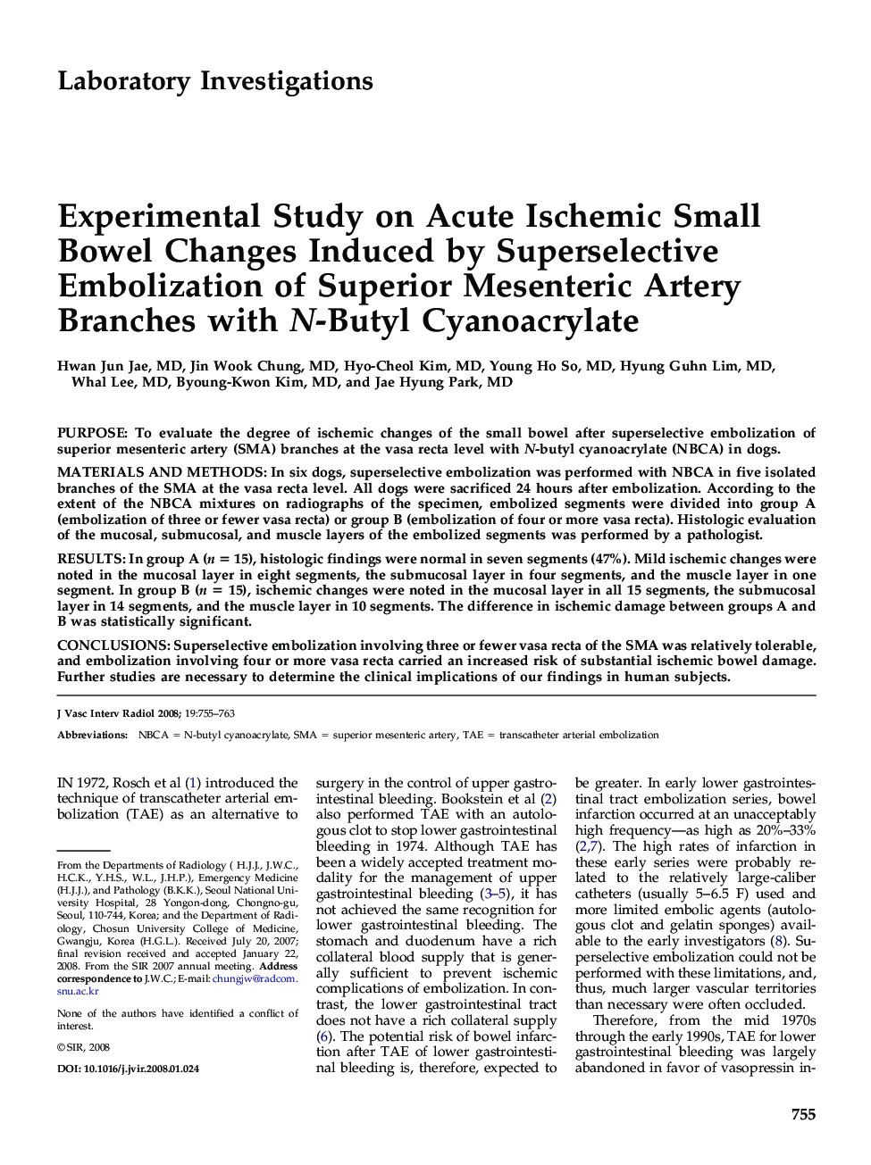 Experimental Study on Acute Ischemic Small Bowel Changes Induced by Superselective Embolization of Superior Mesenteric Artery Branches with N-Butyl Cyanoacrylate