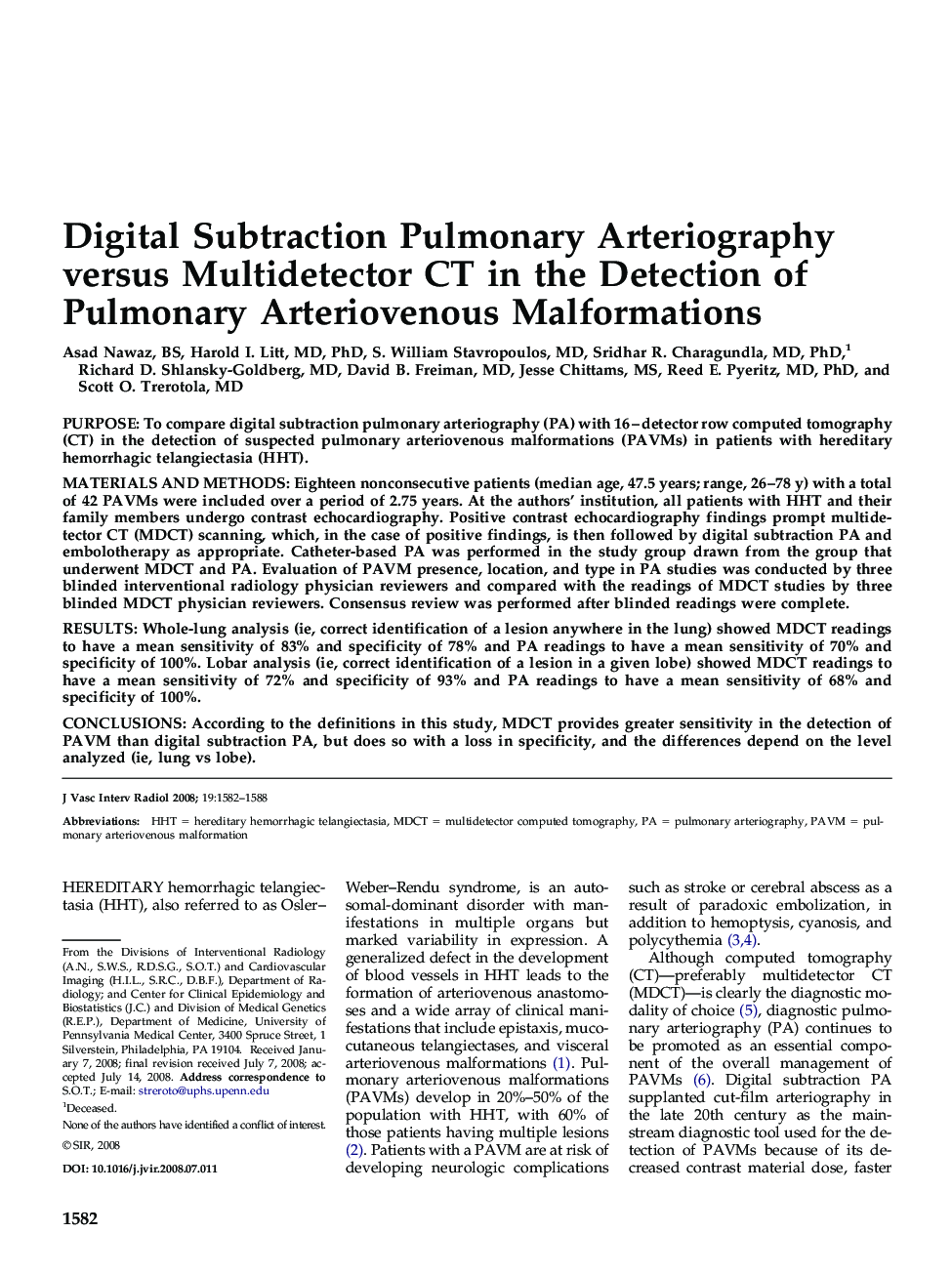 Digital Subtraction Pulmonary Arteriography versus Multidetector CT in the Detection of Pulmonary Arteriovenous Malformations
