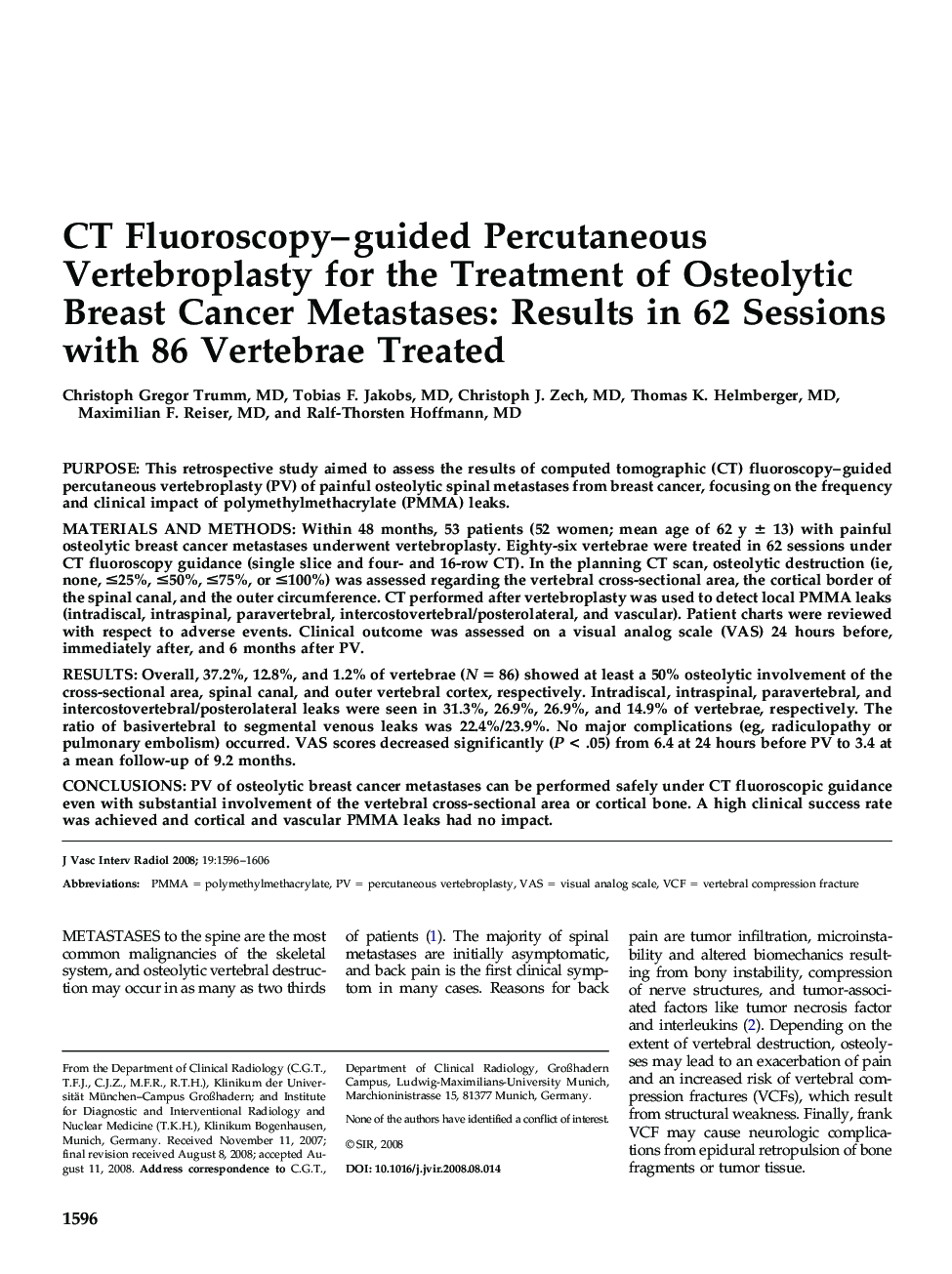 CT Fluoroscopy-guided Percutaneous Vertebroplasty for the Treatment of Osteolytic Breast Cancer Metastases: Results in 62 Sessions with 86 Vertebrae Treated