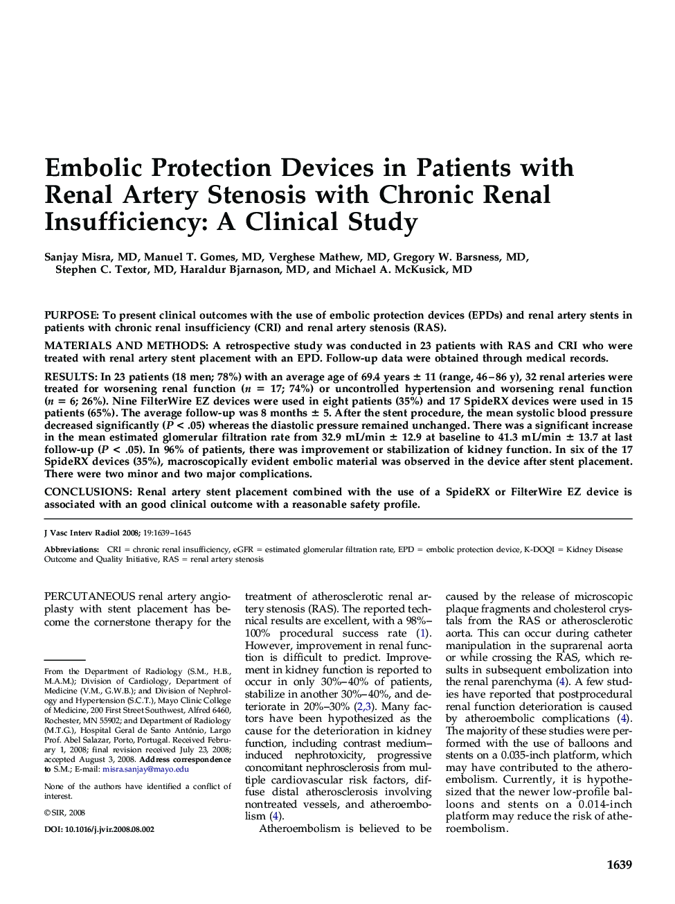 Embolic Protection Devices in Patients with Renal Artery Stenosis with Chronic Renal Insufficiency: A Clinical Study