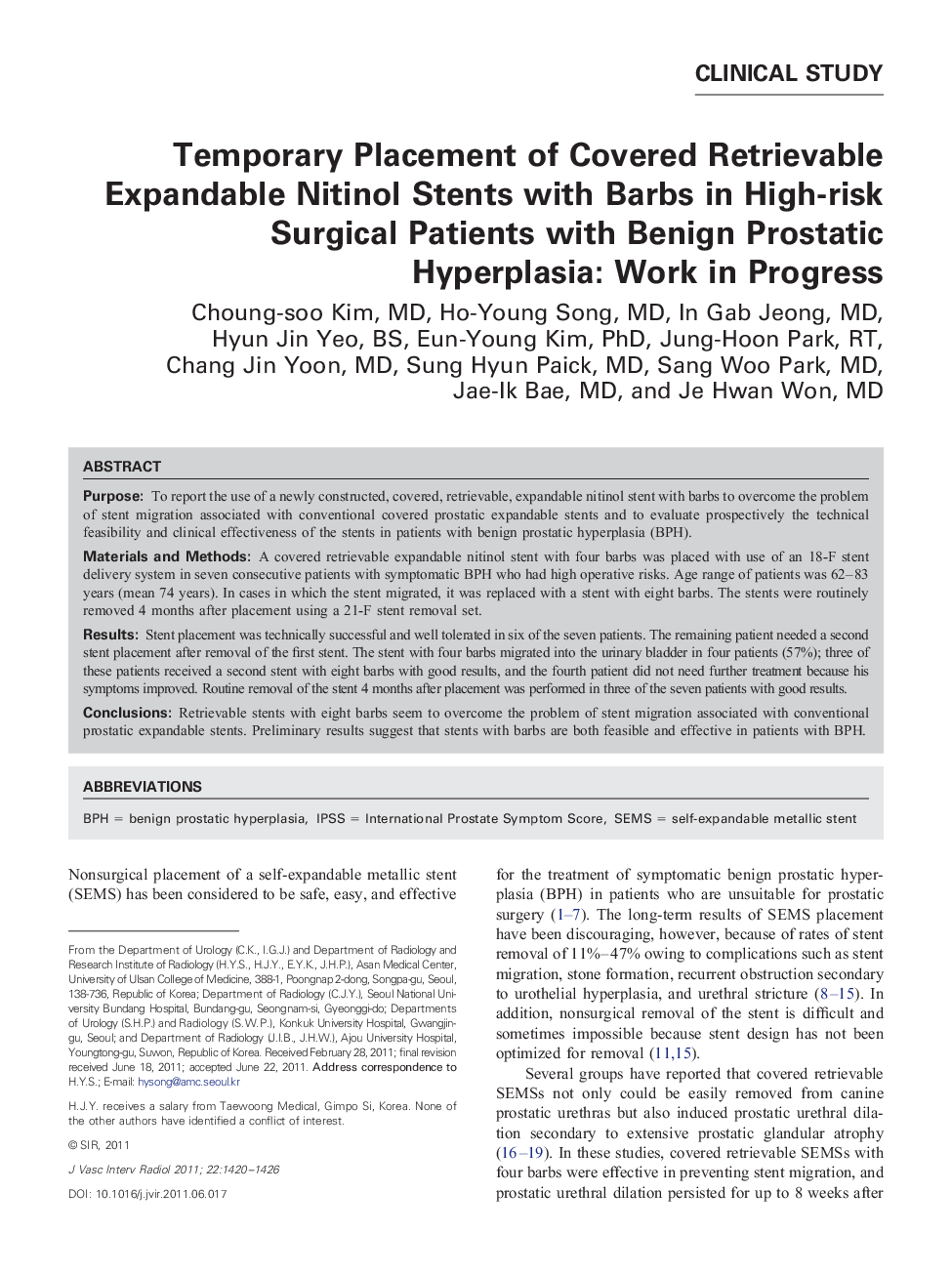 Temporary Placement of Covered Retrievable Expandable Nitinol Stents with Barbs in High-risk Surgical Patients with Benign Prostatic Hyperplasia: Work in Progress