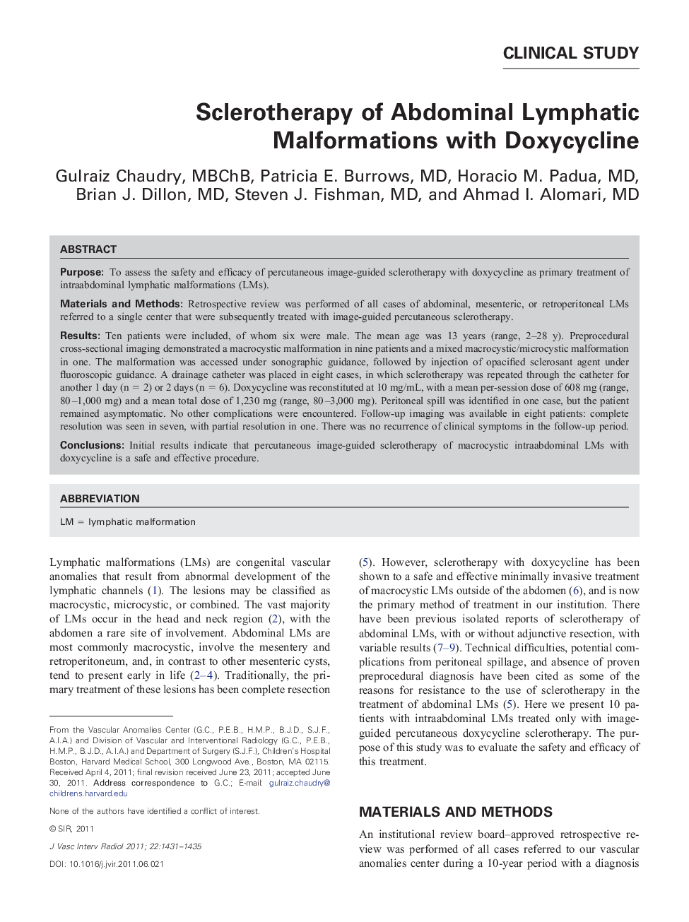 Sclerotherapy of Abdominal Lymphatic Malformations with Doxycycline