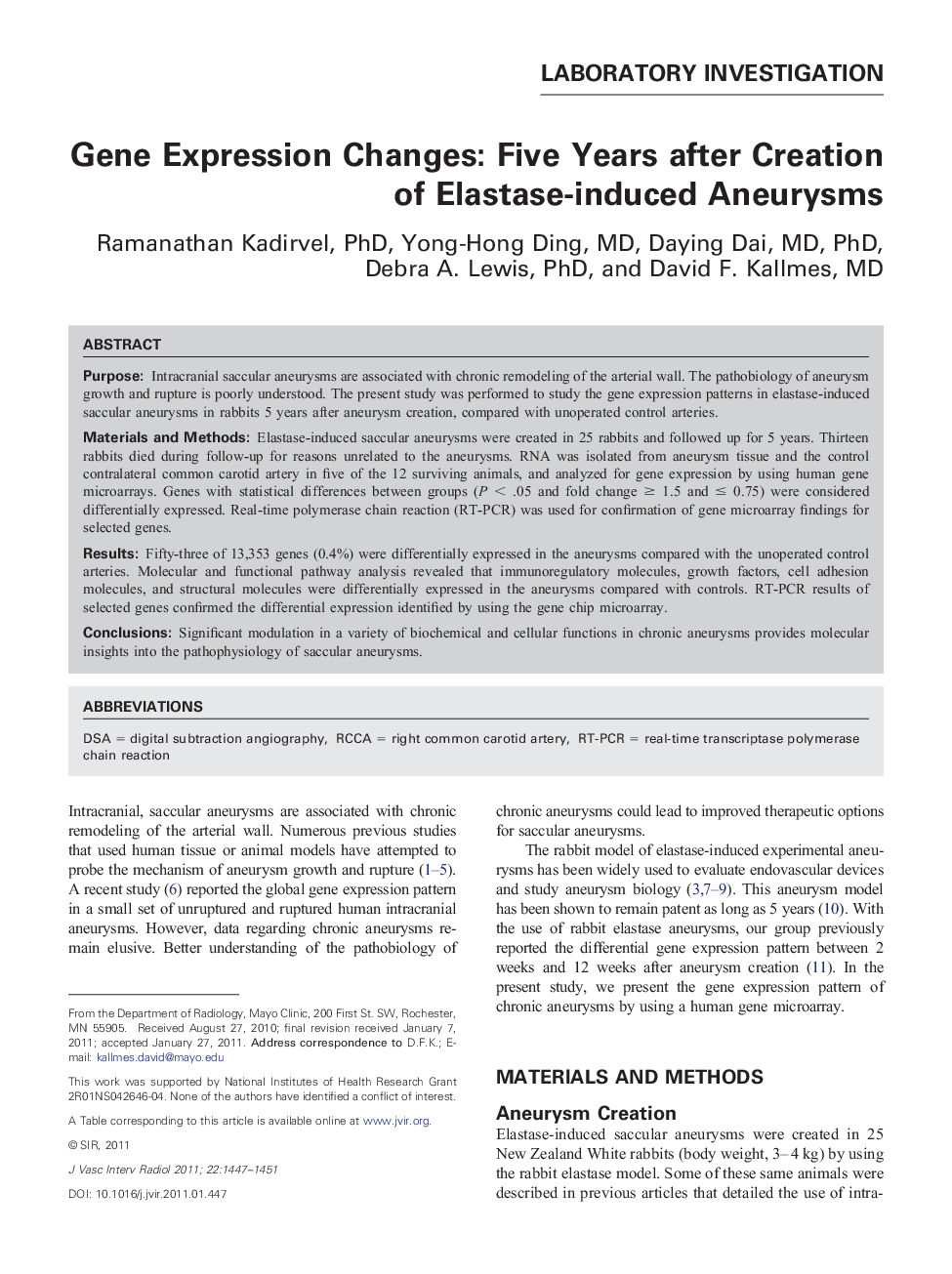 Gene Expression Changes: Five Years after Creation of Elastase-induced Aneurysms