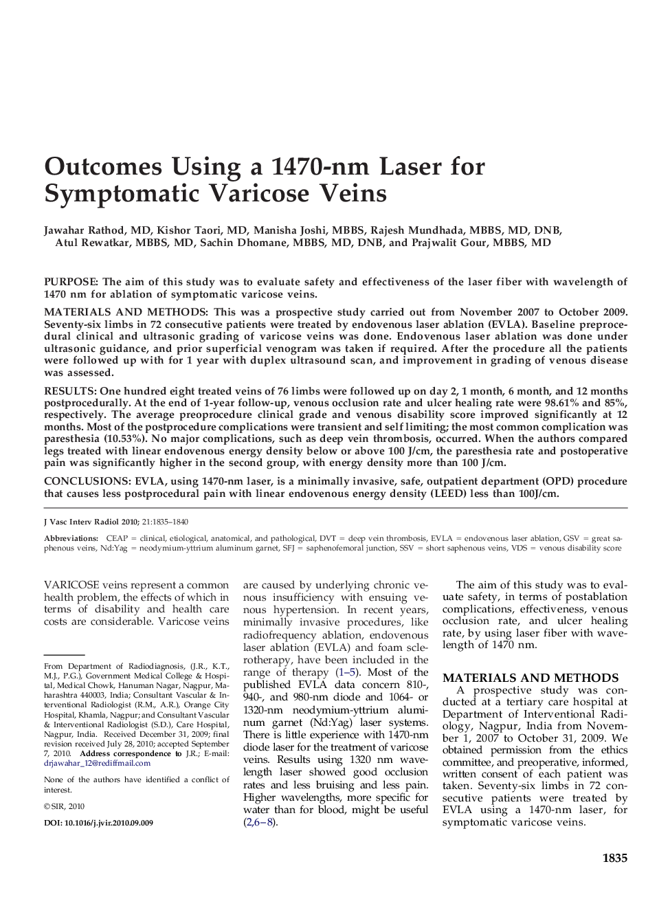 Outcomes Using a 1470-nm Laser for Symptomatic Varicose Veins